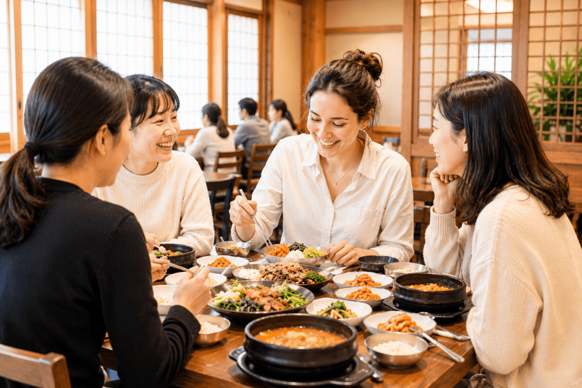 Four women share a Korean meal together, bowls of doenjang-jjigae and banchan spread across the table — Korean jang fermentation