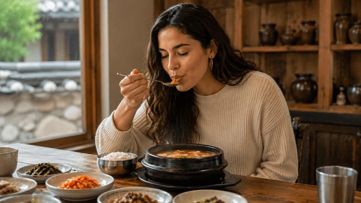 A woman eats doenjang-jjigae at a Korean restaurant table, surrounded by banchan, steam rising from the stone pot — Korean jang