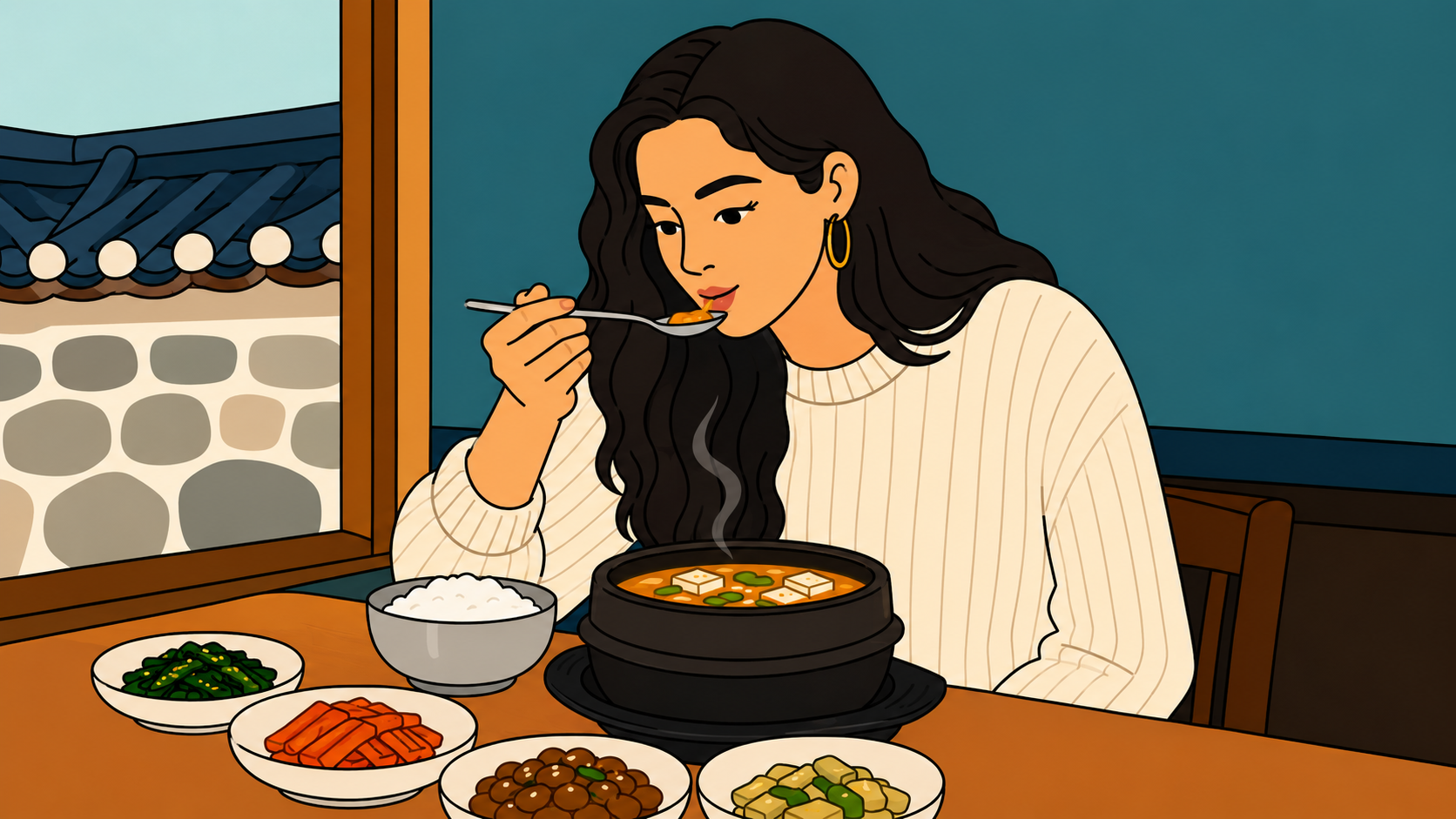 A woman eats doenjang-jjigae at a Korean restaurant table, steam rising from the stone pot — Korean jang