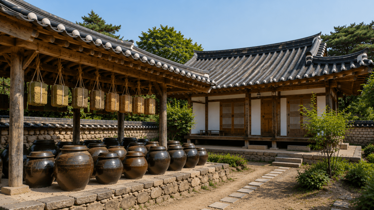 Meju blocks hang drying under a hanok roof, rows of jang jars lined up below in a traditional courtyard — Korean jang