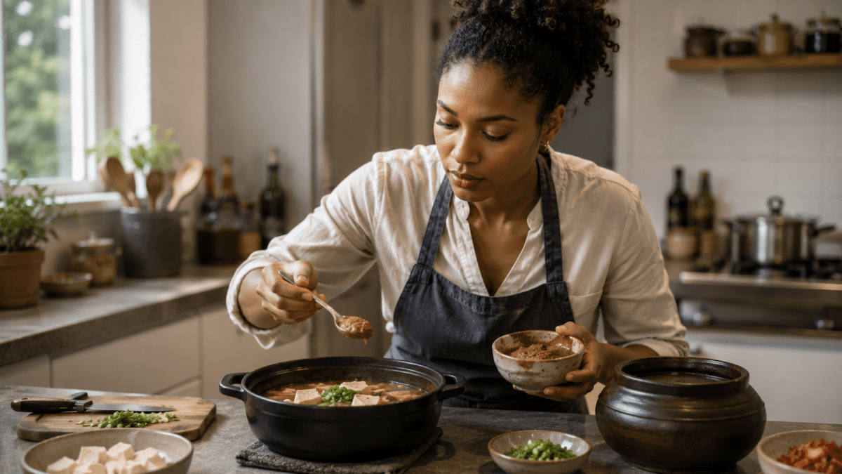 A woman spoons doenjang from an earthenware jar into a simmering pot, balance built without measuring — Korean jang philosophy