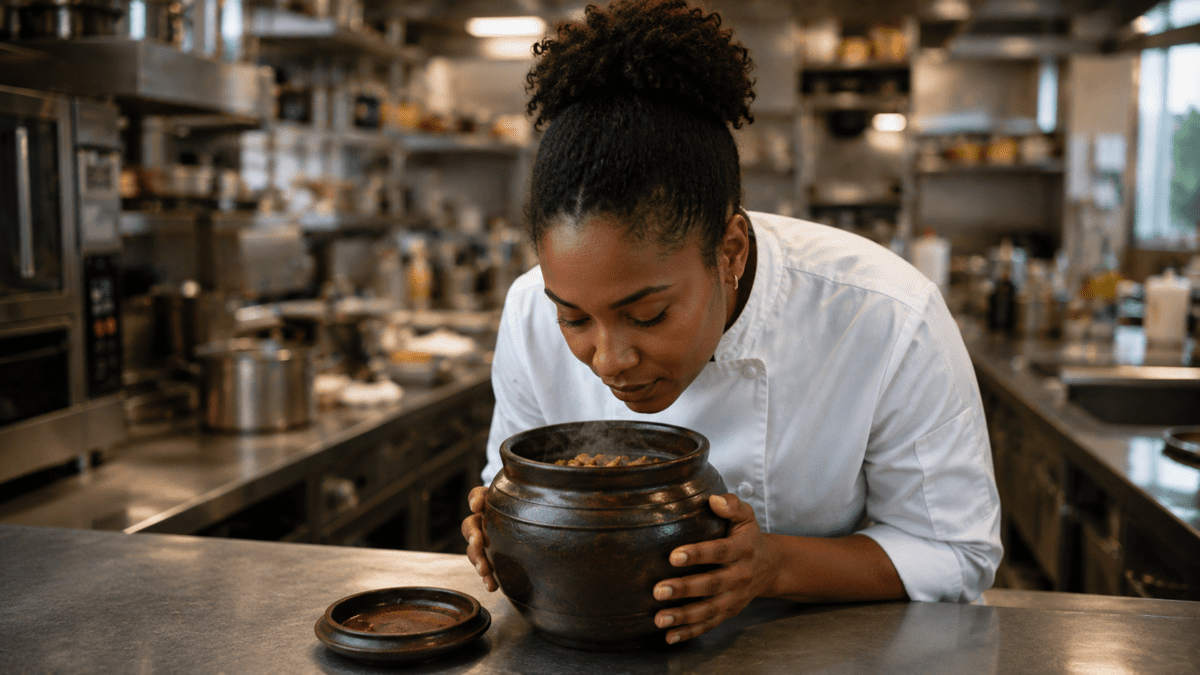 A chef leans over a steaming jang jar in her kitchen, eyes closed, reading what the smell tells her — Korean jang philosophy
