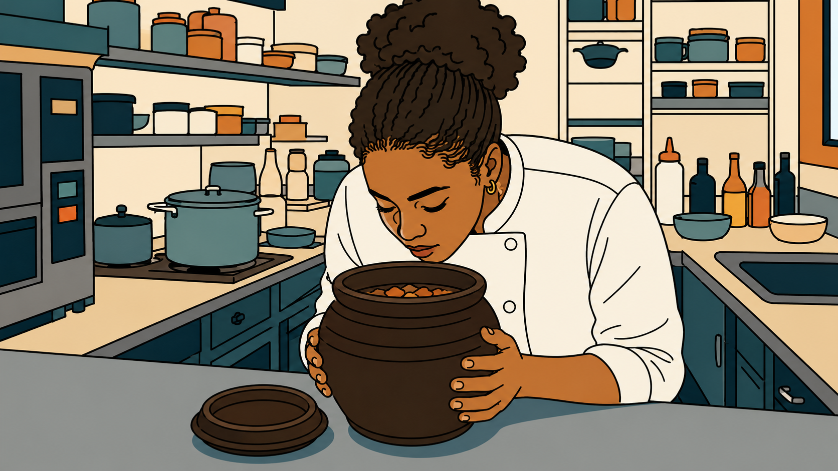 A chef leans over a steaming jang jar, eyes closed, reading what the smell tells her — Korean jang philosophy