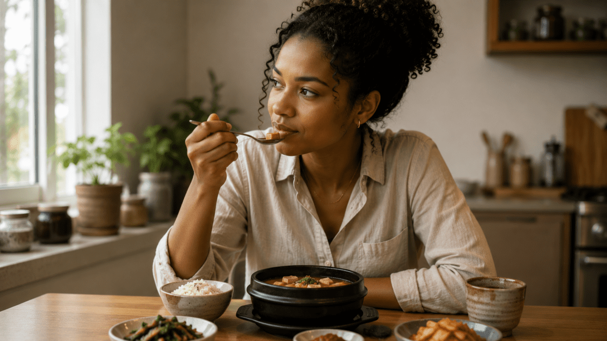 A woman eats doenjang-jjigae, pausing mid-bite as the flavor lingers after she swallows — Korean jang philosophy