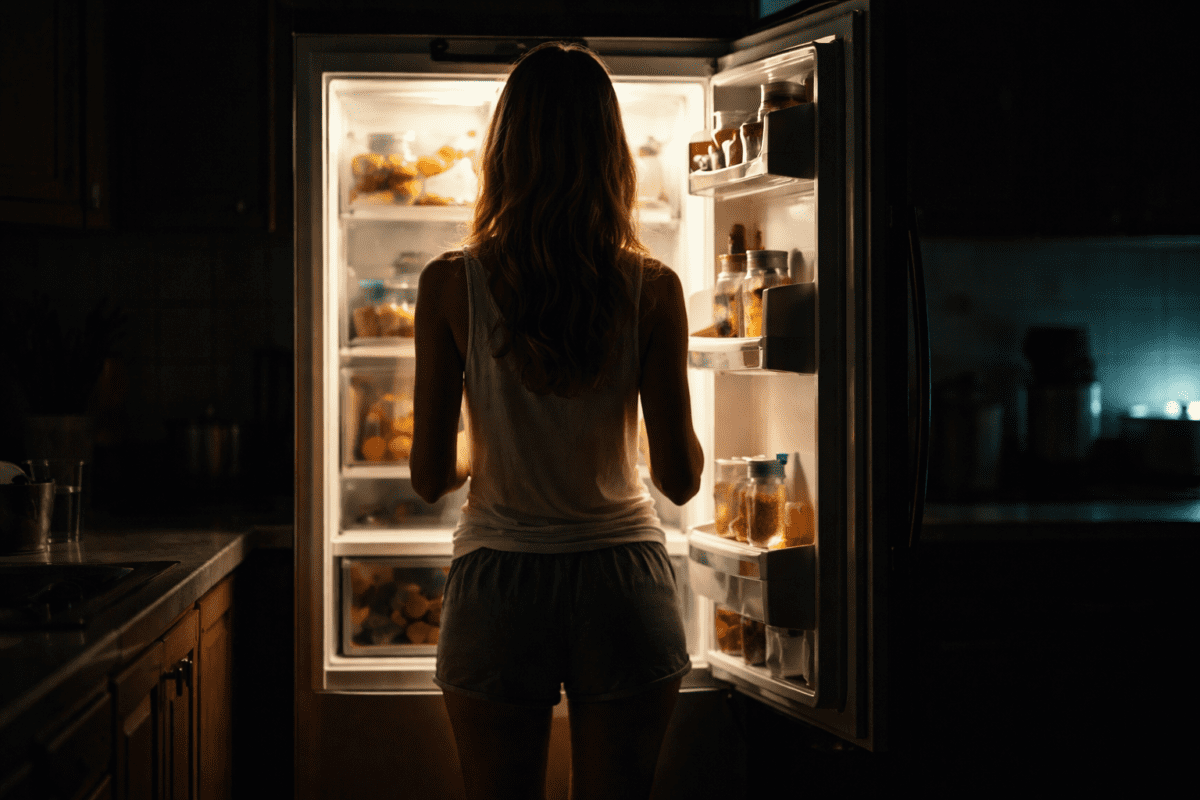 last days before payday woman standing at open refrigerator late at night cinematic