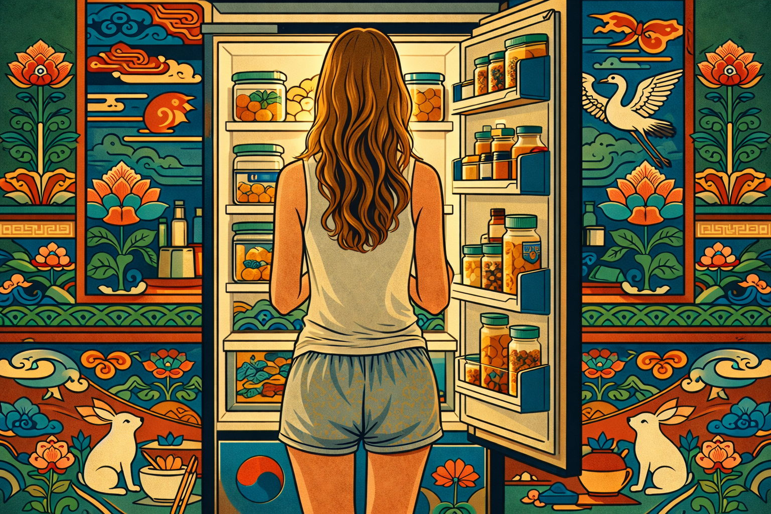 last days before payday Korean minhwa style woman refrigerator night