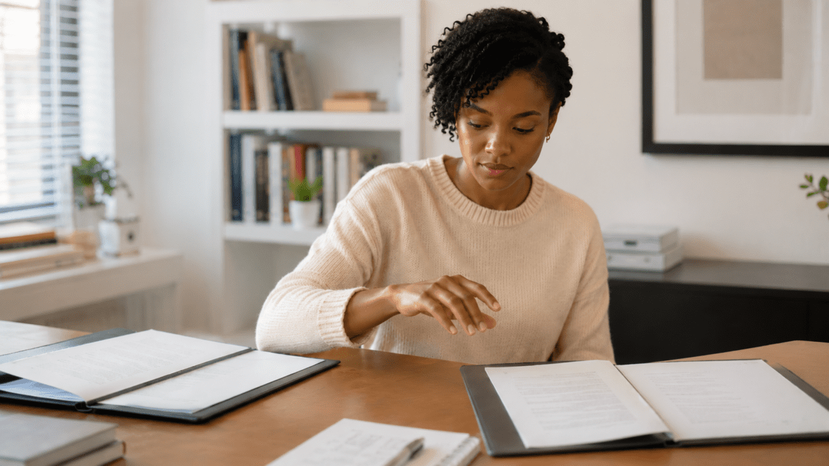 A woman's hand pauses between two open folders on a desk, caught mid-decision, showing how MBTI and timing shape the same career choice differently