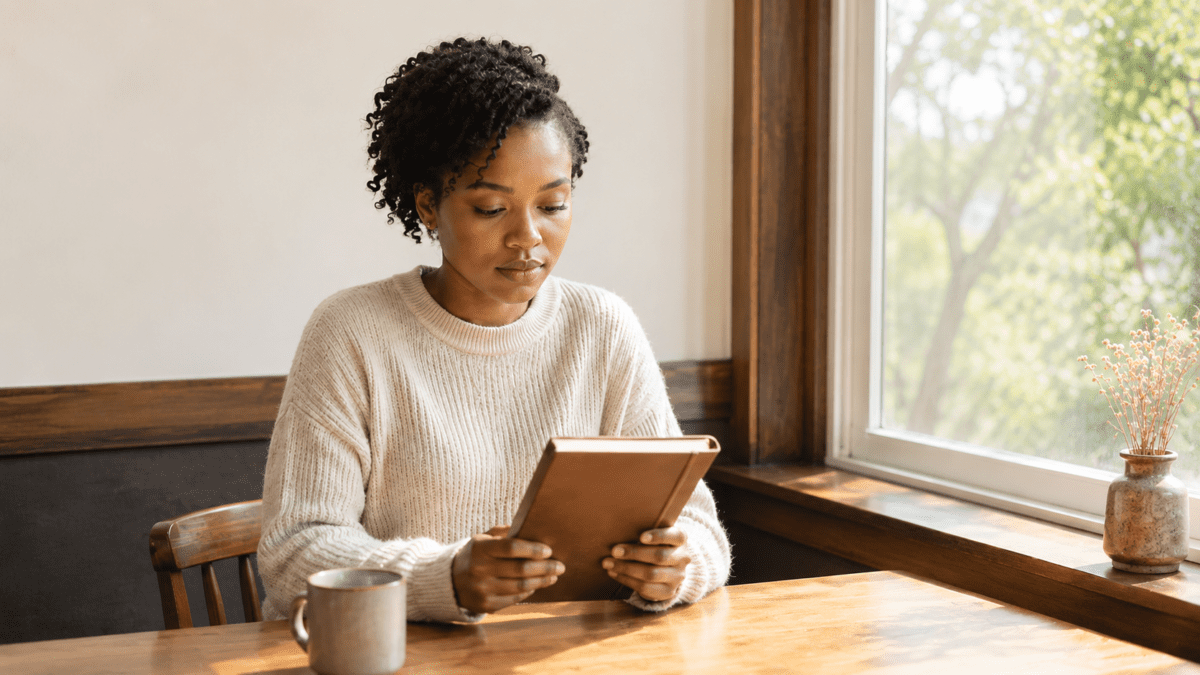 A woman sits quietly at a table by a window, holding a closed journal without opening it, reflecting on what MBTI and timing actually mean for her year