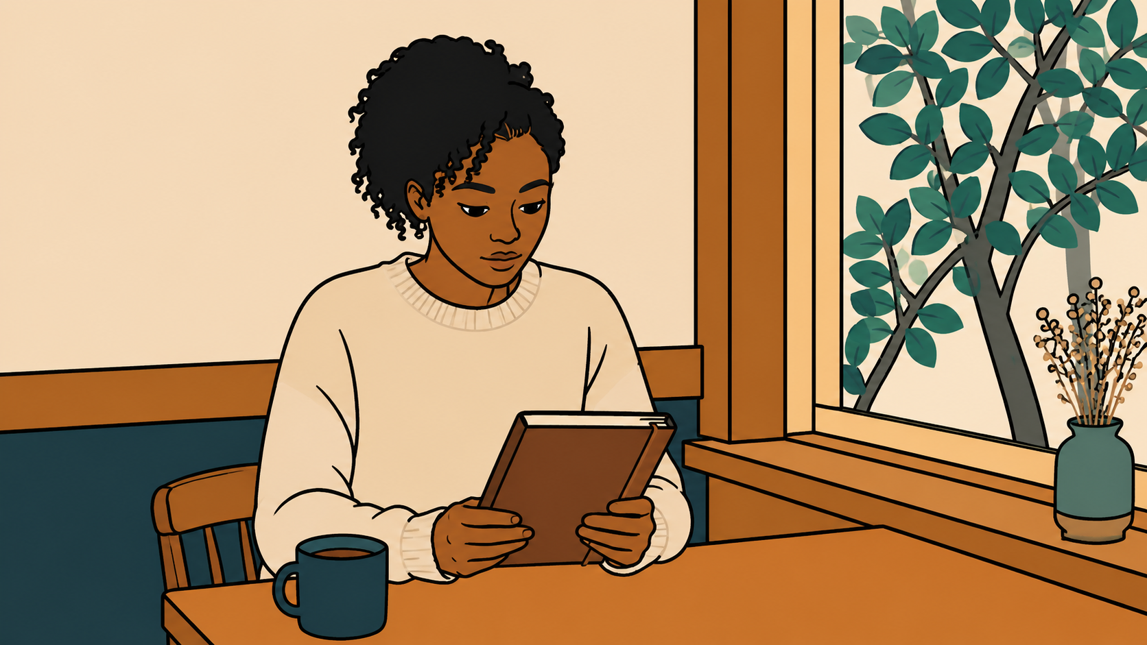 Illustrated thumbnail of a woman reading a journal by a window with a mug nearby, representing the theme of MBTI and timing across a personal cycle