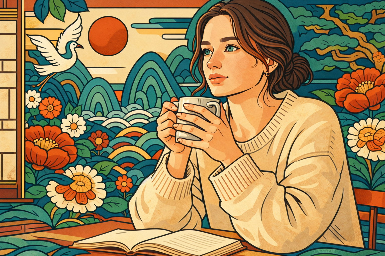MBTI and timing — Korean minhwa style illustration of woman holding coffee cup with seasonal landscape background