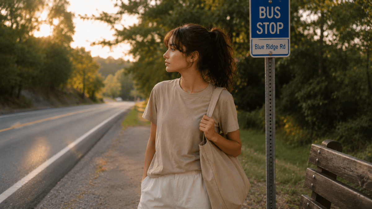 Woman waiting at a quiet roadside bus stop, reflecting on timing in MBTI personality types