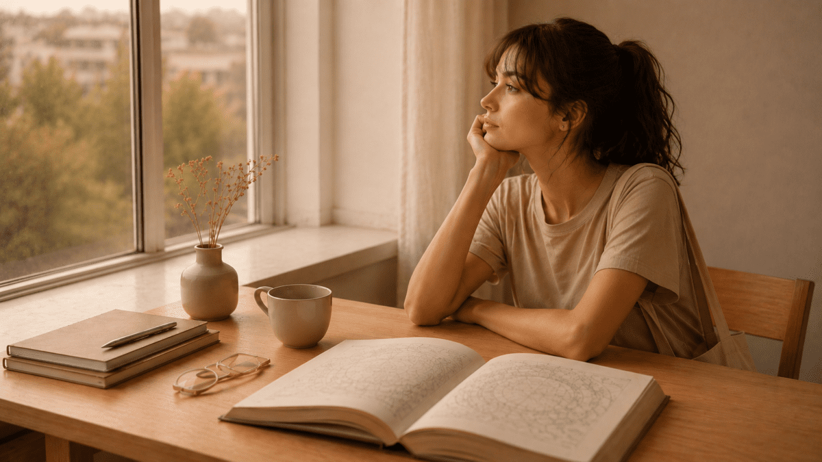 Young woman thinking by a window with an astrology chart book open, exploring MBTI personality types and timing