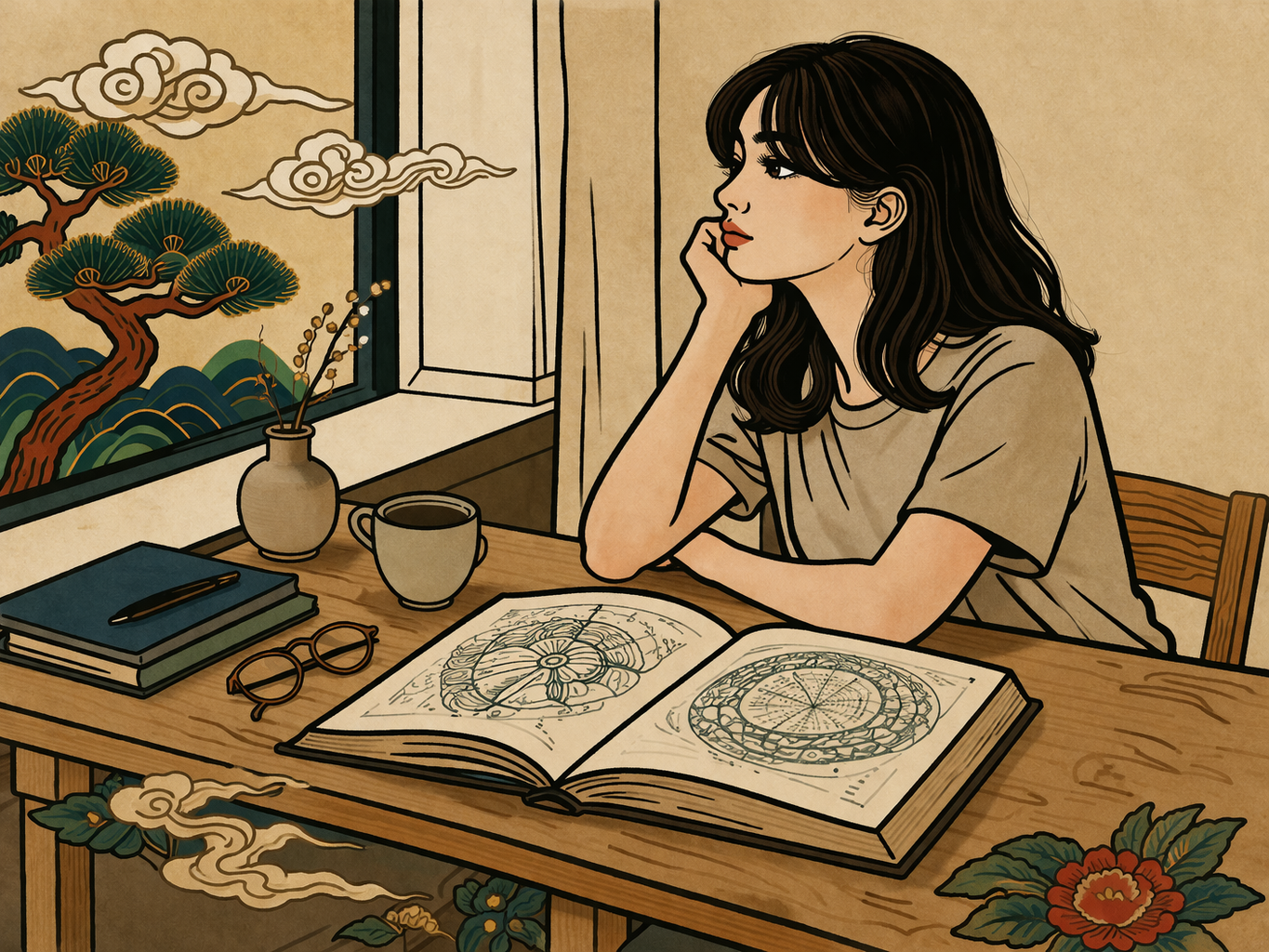 MBTI personality types timing — Korean minhwa illustration representing self-knowledge and timing