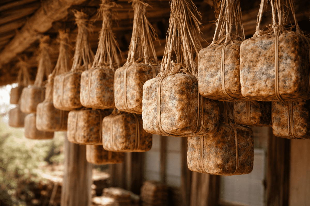 Korean jang fermentation source — meju soybean blocks tied with straw and hung to dry under a traditional roof