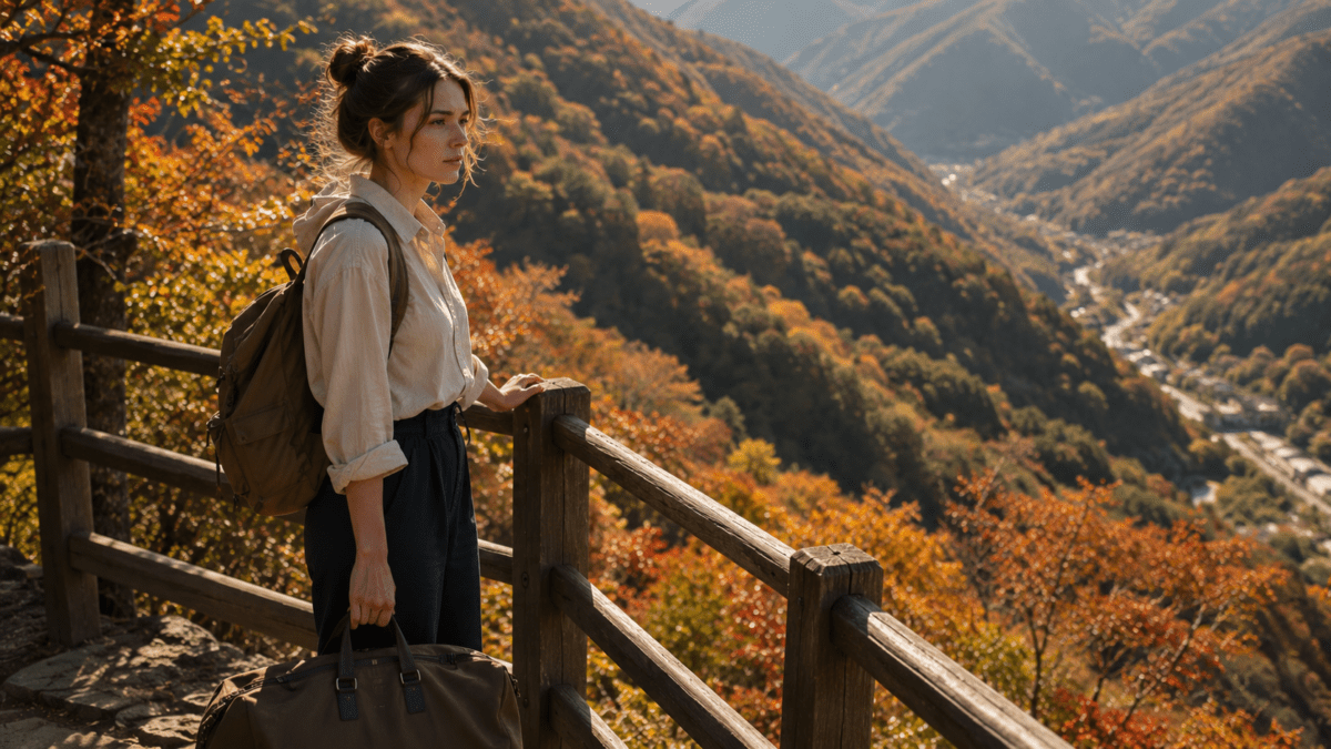 Metal element K-Saju — woman hesitating with a packed bag at a mountain overlook