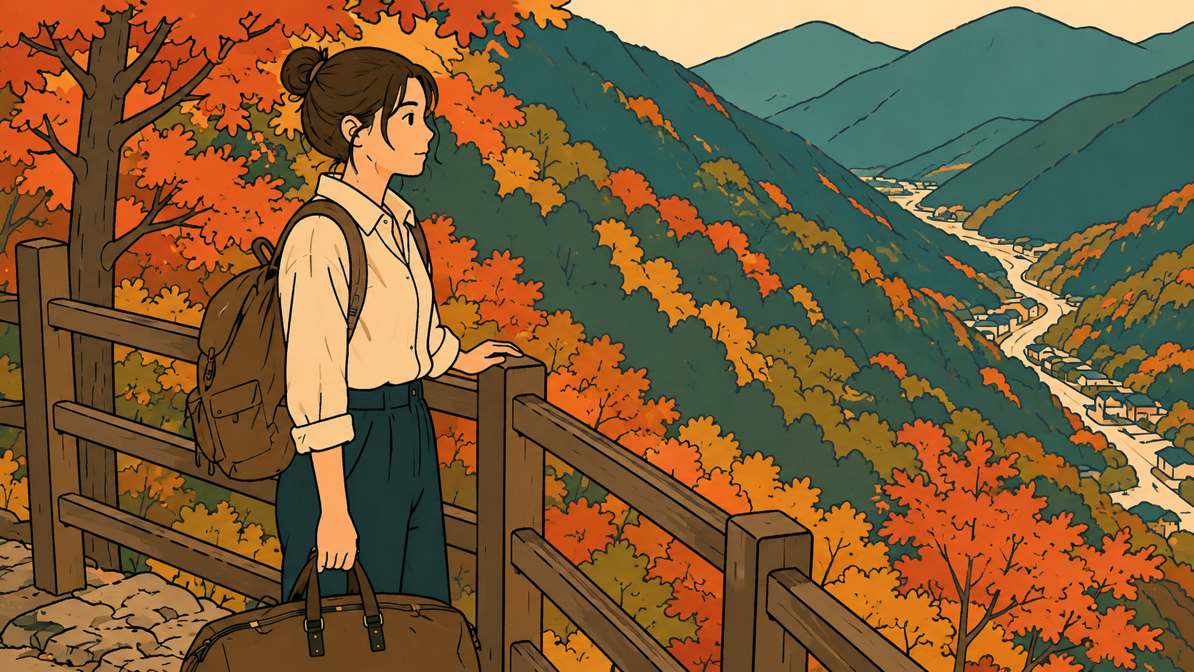 Metal element K-Saju — illustrated woman with a packed bag overlooking an autumn mountain valley