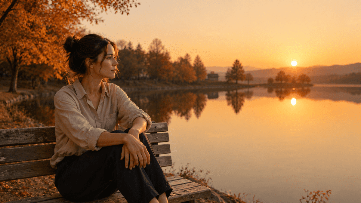 Metal element K-Saju — woman watching the sunset from a bench beside a calm lake