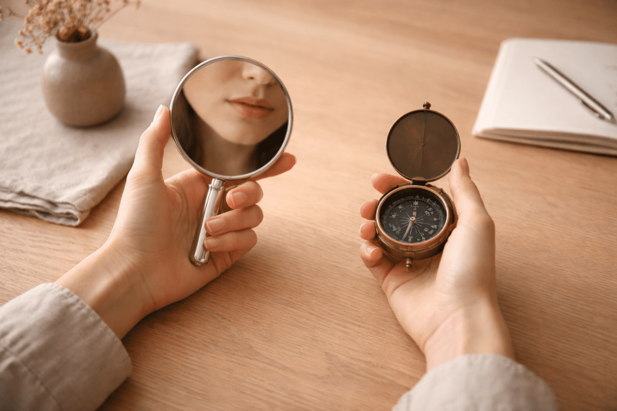 MBTI personality types timing — two hands holding mirror and compass on wooden table