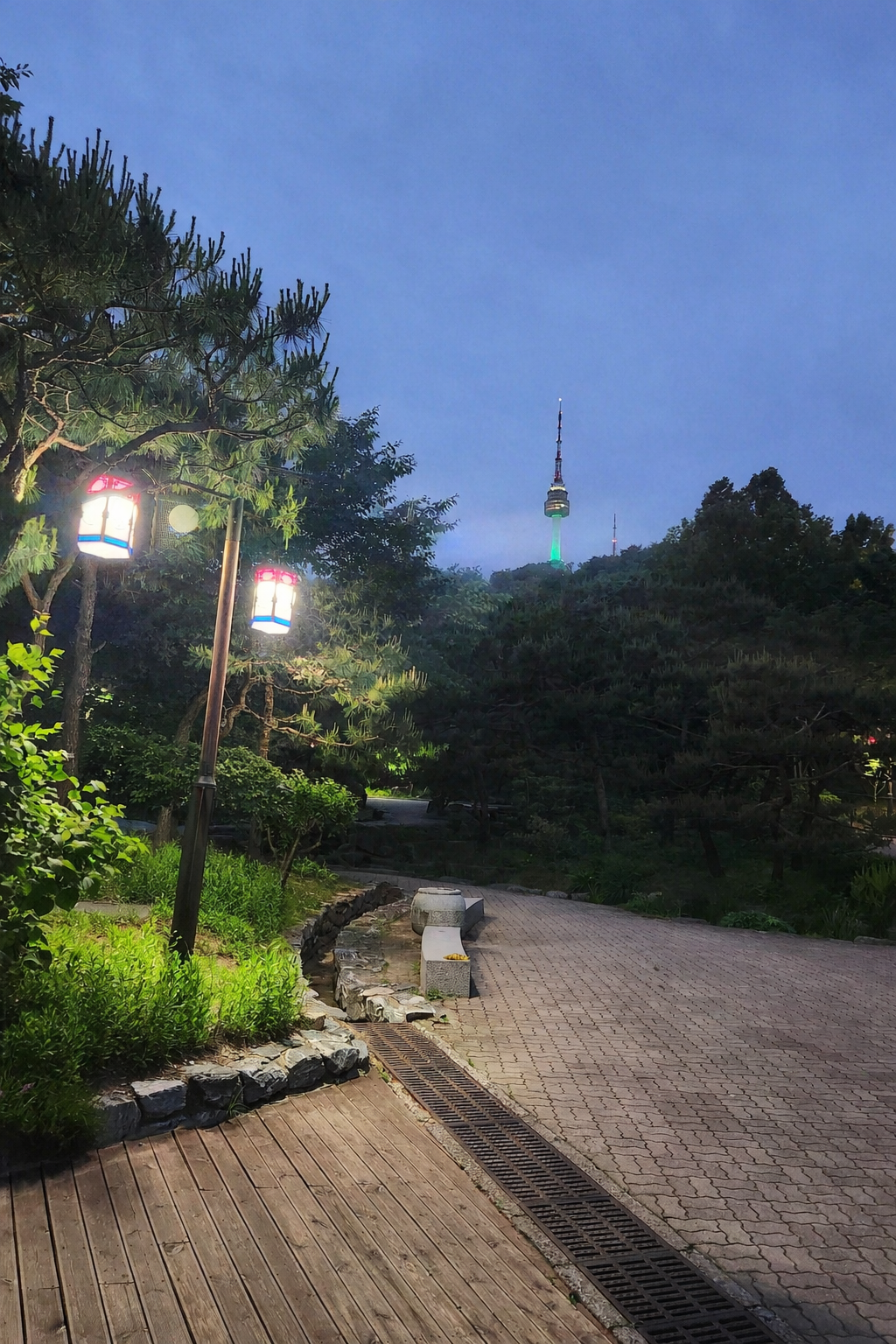 Yin Yang Korean Astrology — Namsan Park path at dusk with N Seoul Tower, Seoul