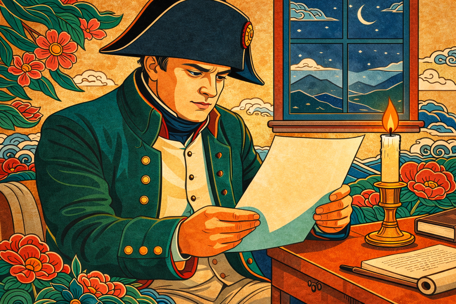 Korean minhwa style illustration of Napoleon examining a sketch of a Korean gat hat by candlelight