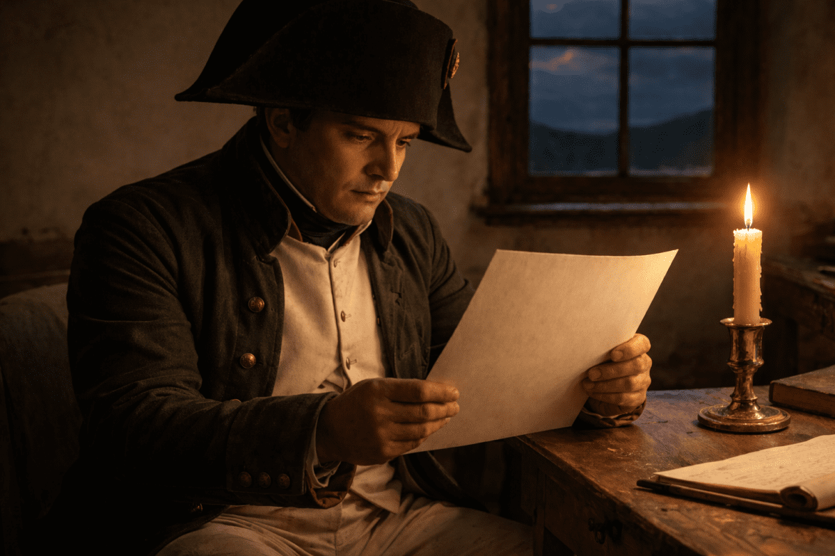 Napoleon in military uniform examining a sketch of a Korean nobleman wearing a traditional gat hat by candlelight