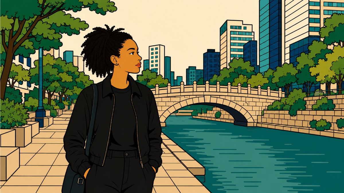 natal chart timing — Black woman at Cheonggyecheon Stream Seoul, modern minhwa style thumbnail, same chart different road
