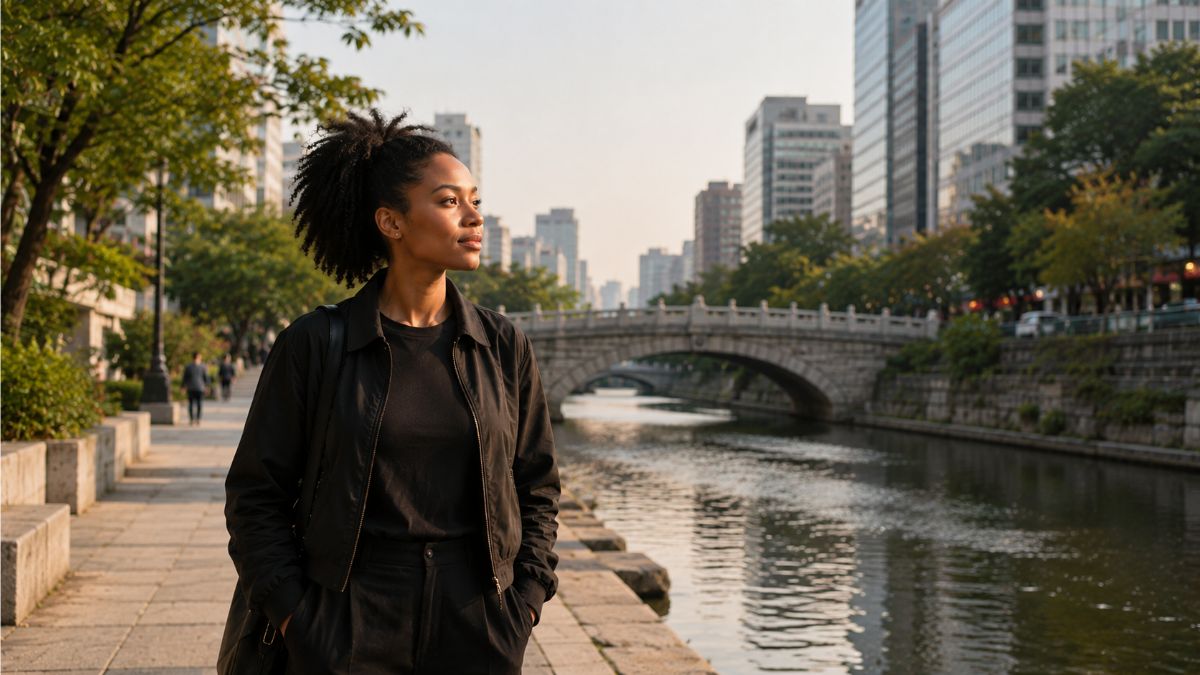 natal chart timing — Black woman standing at Cheonggyecheon Stream Seoul, quiet reflection on a different stretch of road
