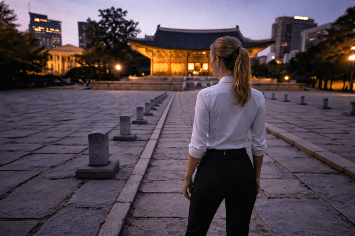 need for belonging — woman standing on stone path looking toward lit Korean palace at dusk