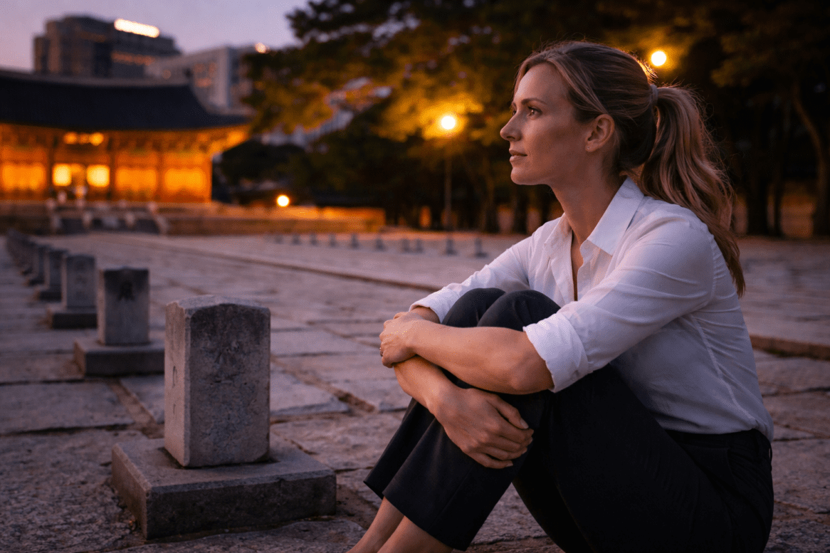 need for belonging — woman sitting alone on stone ground at night, arms around knees, palace lights in background