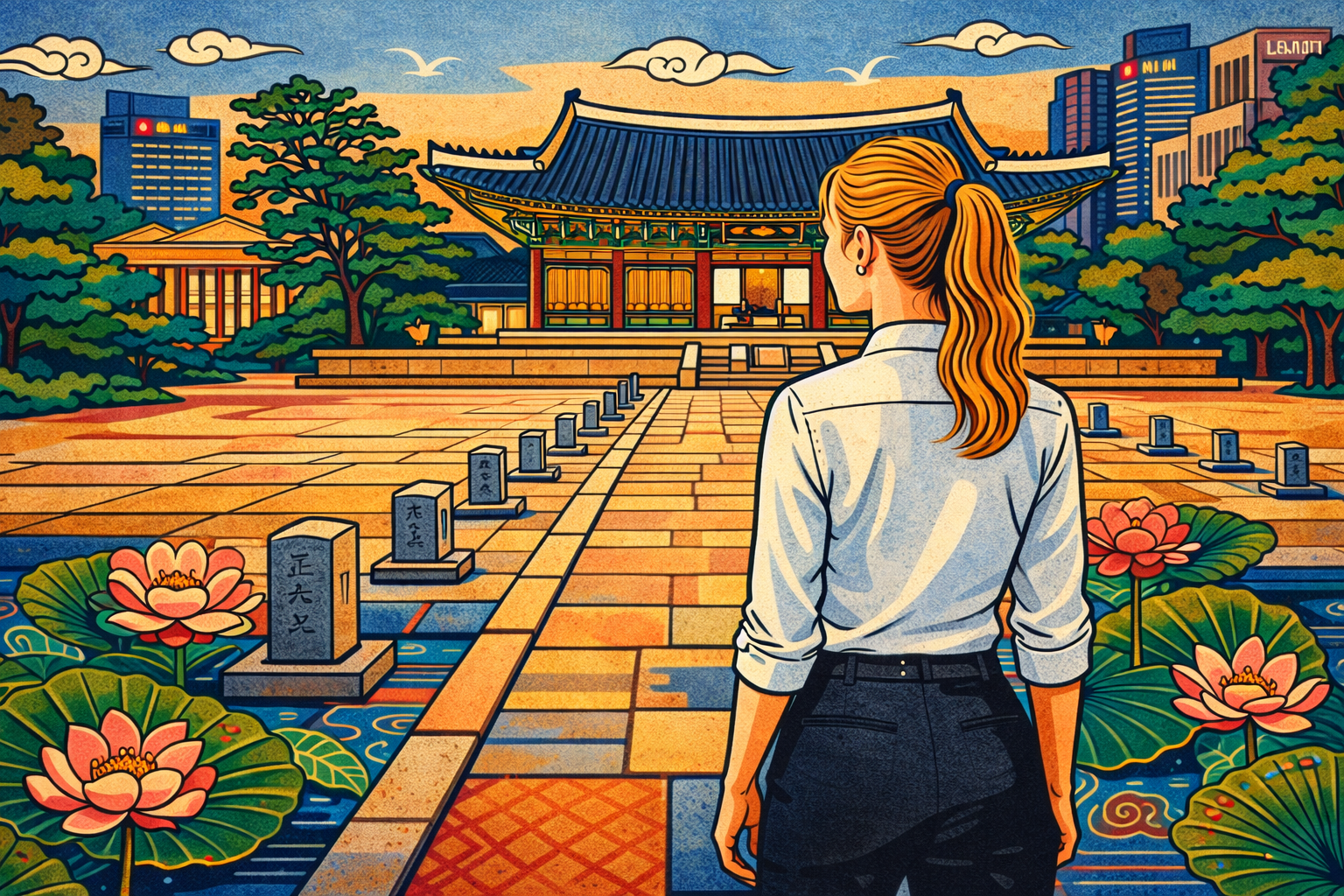 need for belonging — illustrated woman standing on stone path toward Korean palace at dusk, lotus flowers surrounding