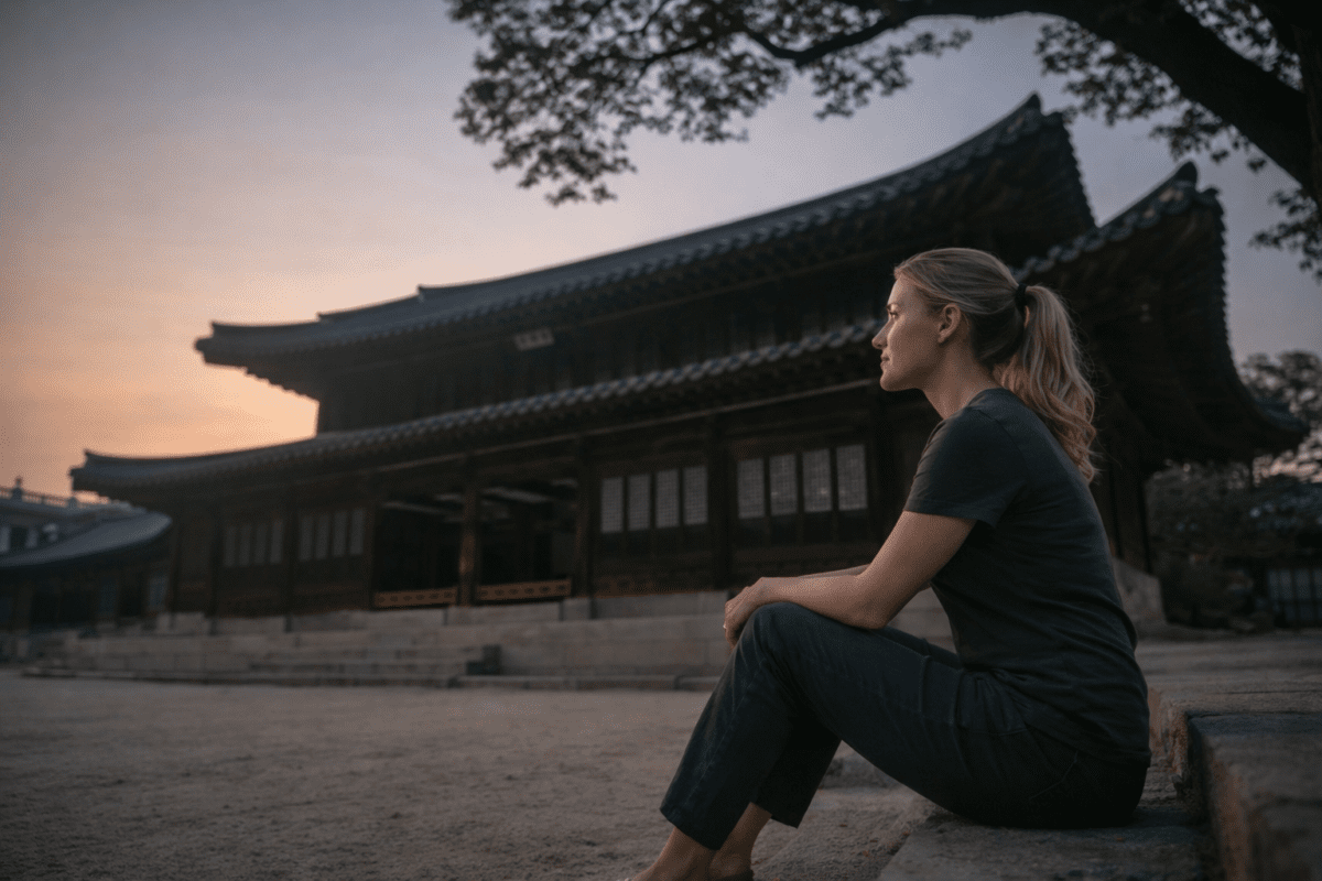 outgrowing friendships — woman sitting alone by traditional Korean architecture, quiet and still