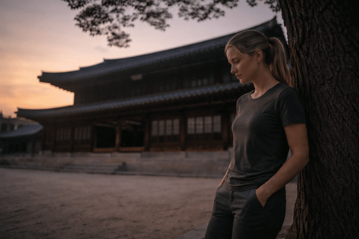 outgrowing friendships — woman leaning against tree at dusk, looking down, Korean palace in background