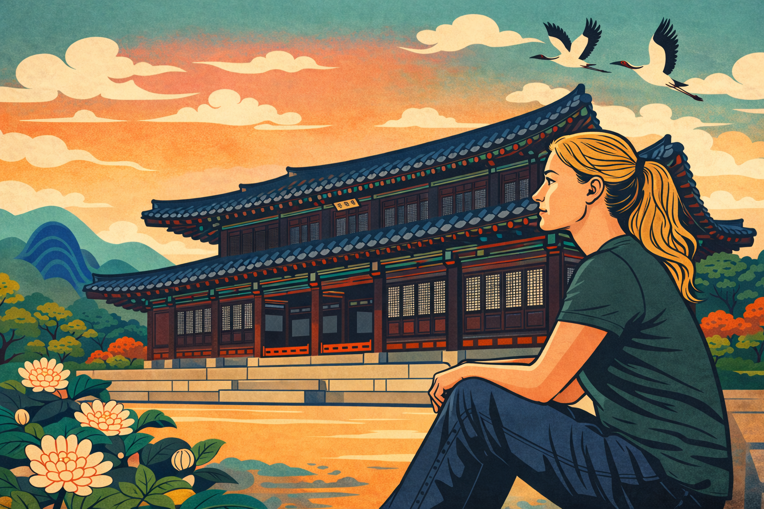 outgrowing friendships — illustrated woman sitting alone before Korean palace at sunset, cranes flying overhead