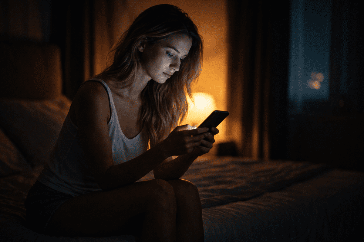 last days before payday — woman checking phone at night, payday anxiety, cinematic