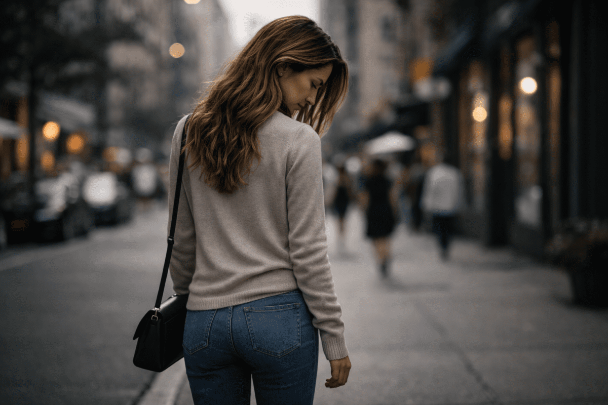 last days before payday — woman walking alone city street, running lean, cinematic