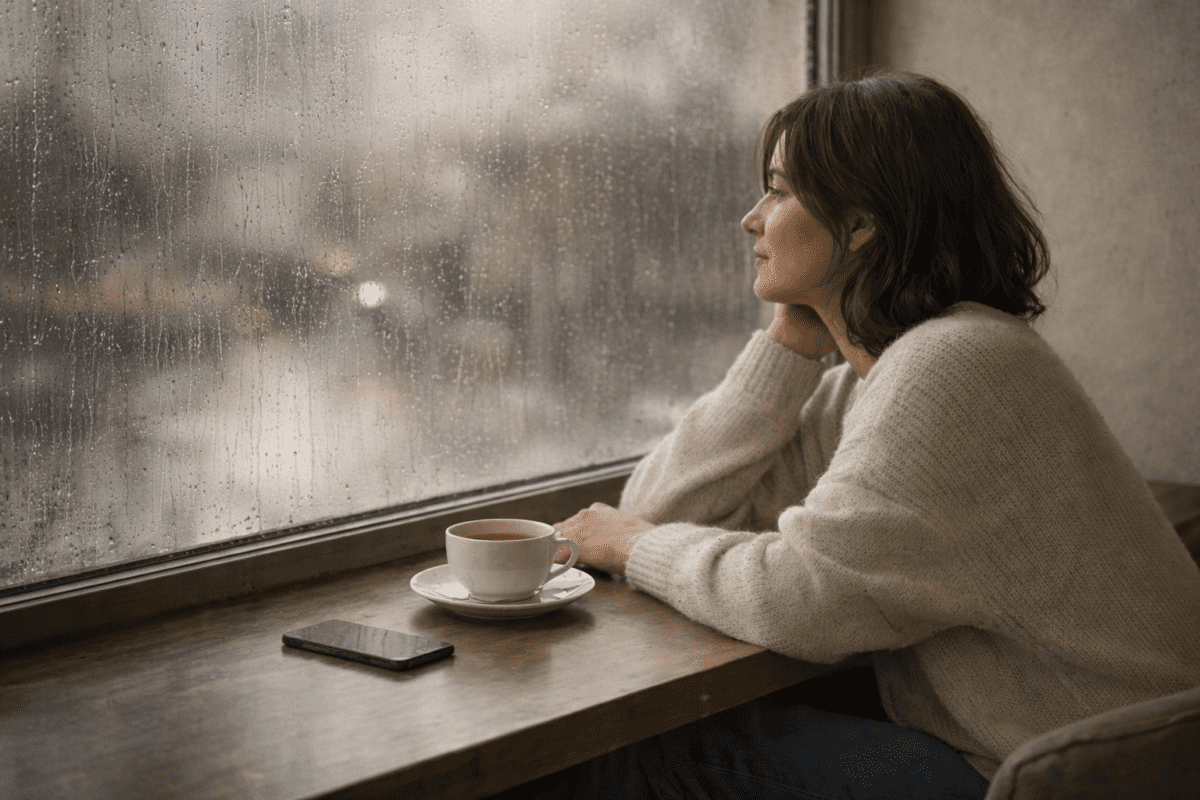 Woman at café window with phone on table, looking out at rain — pulling away from someone you like