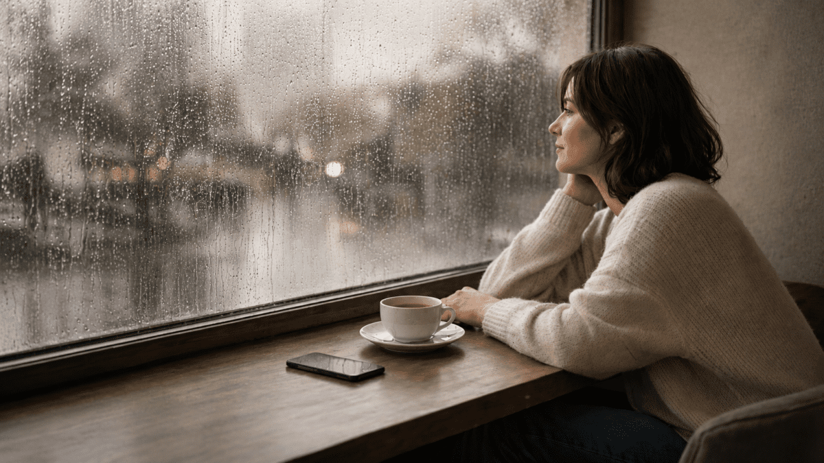 Woman at café window with phone face-down looking out at rain — pulling away from someone you like