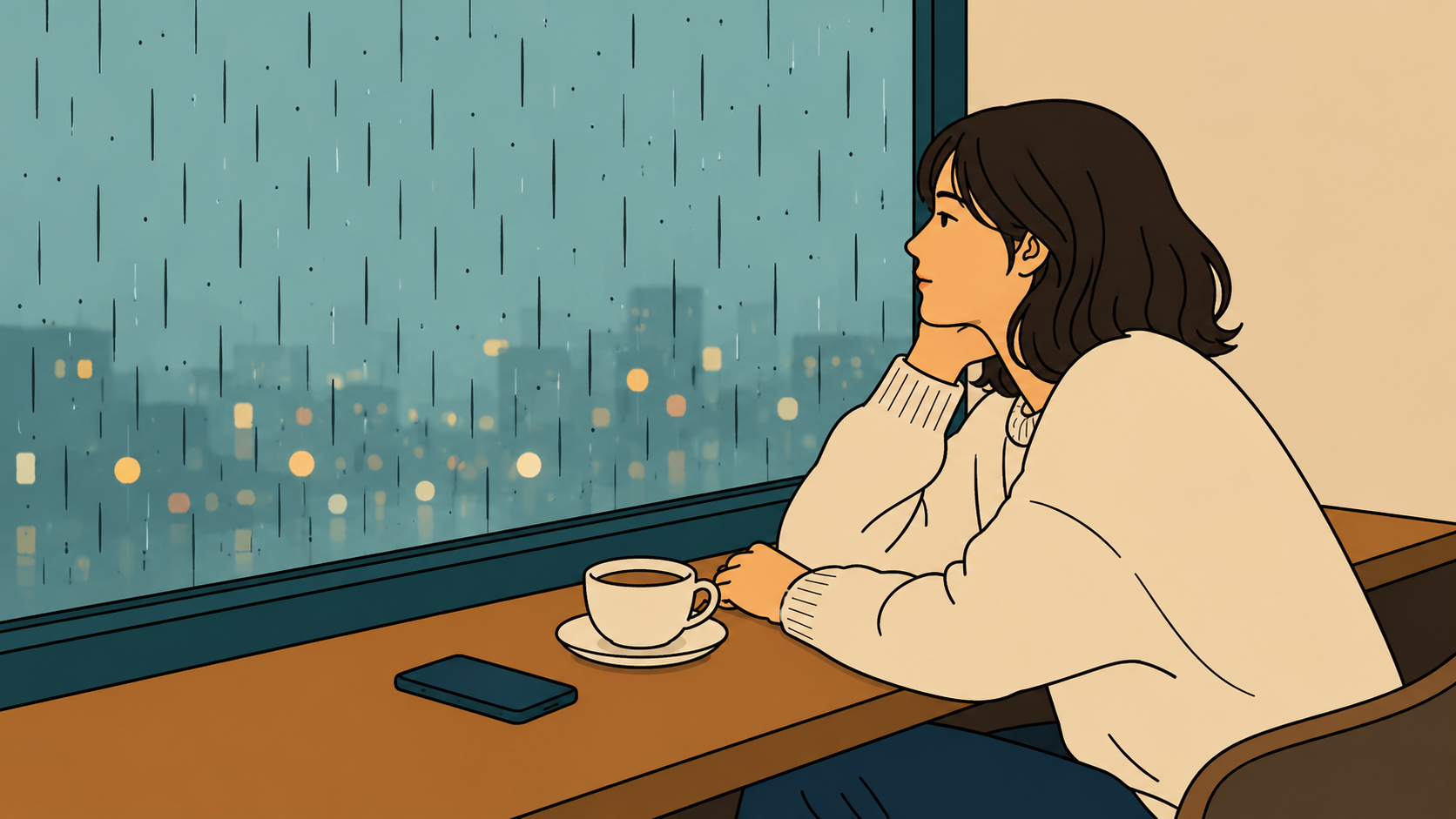Woman at café window with phone on table looking at rainy city — pulling away from someone you like