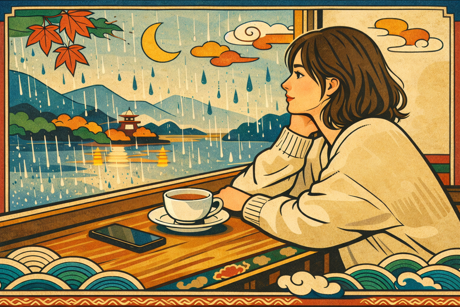Minhwa style woman at café window with phone on table, looking out at autumn rain — pulling away from someone you like