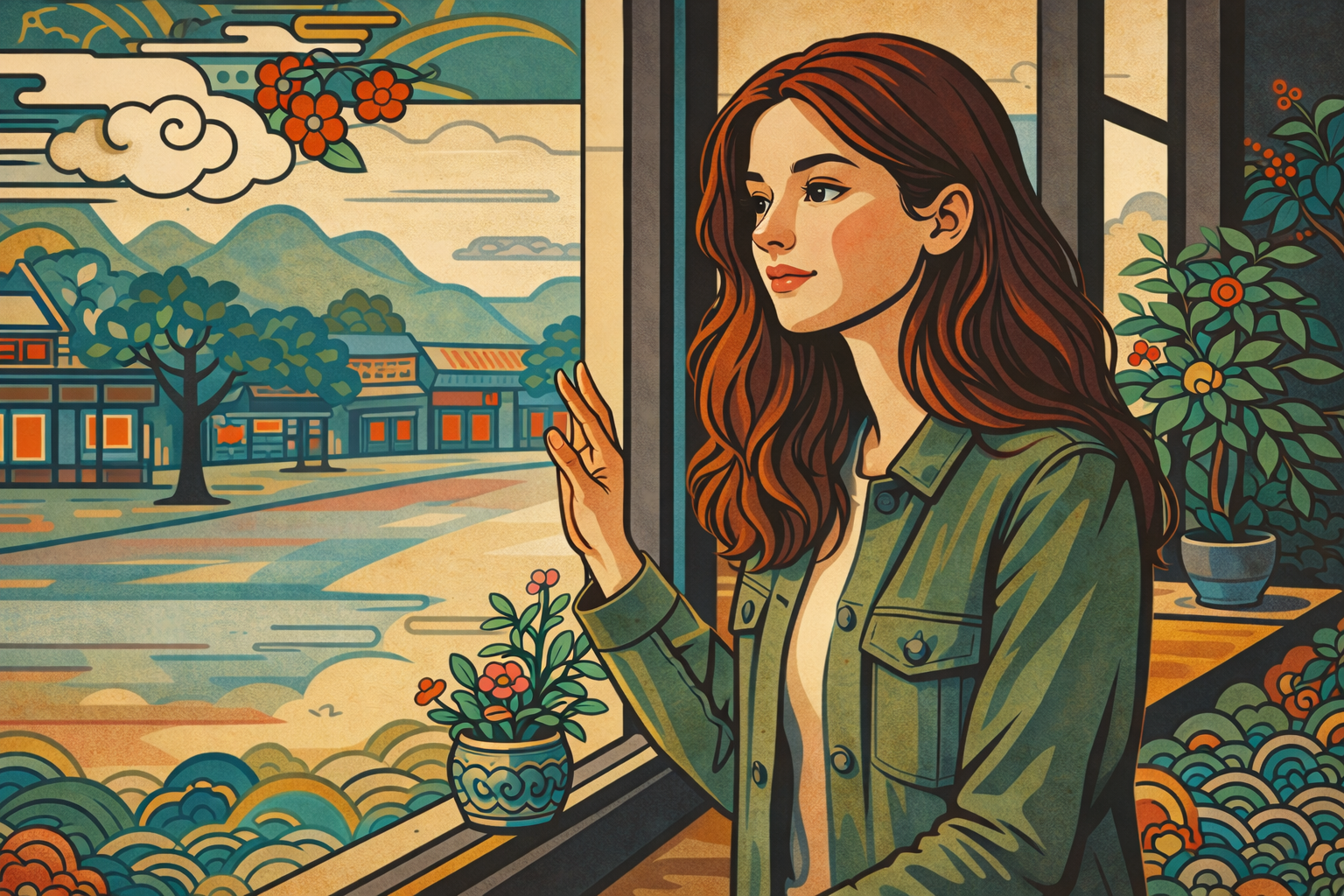 Minhwa style woman hand on window looking out at Korean village — when pulling away is the right choice