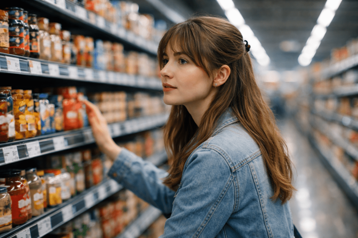 same feeling every month woman shopping grocery store aisle looking at shelf cinematic