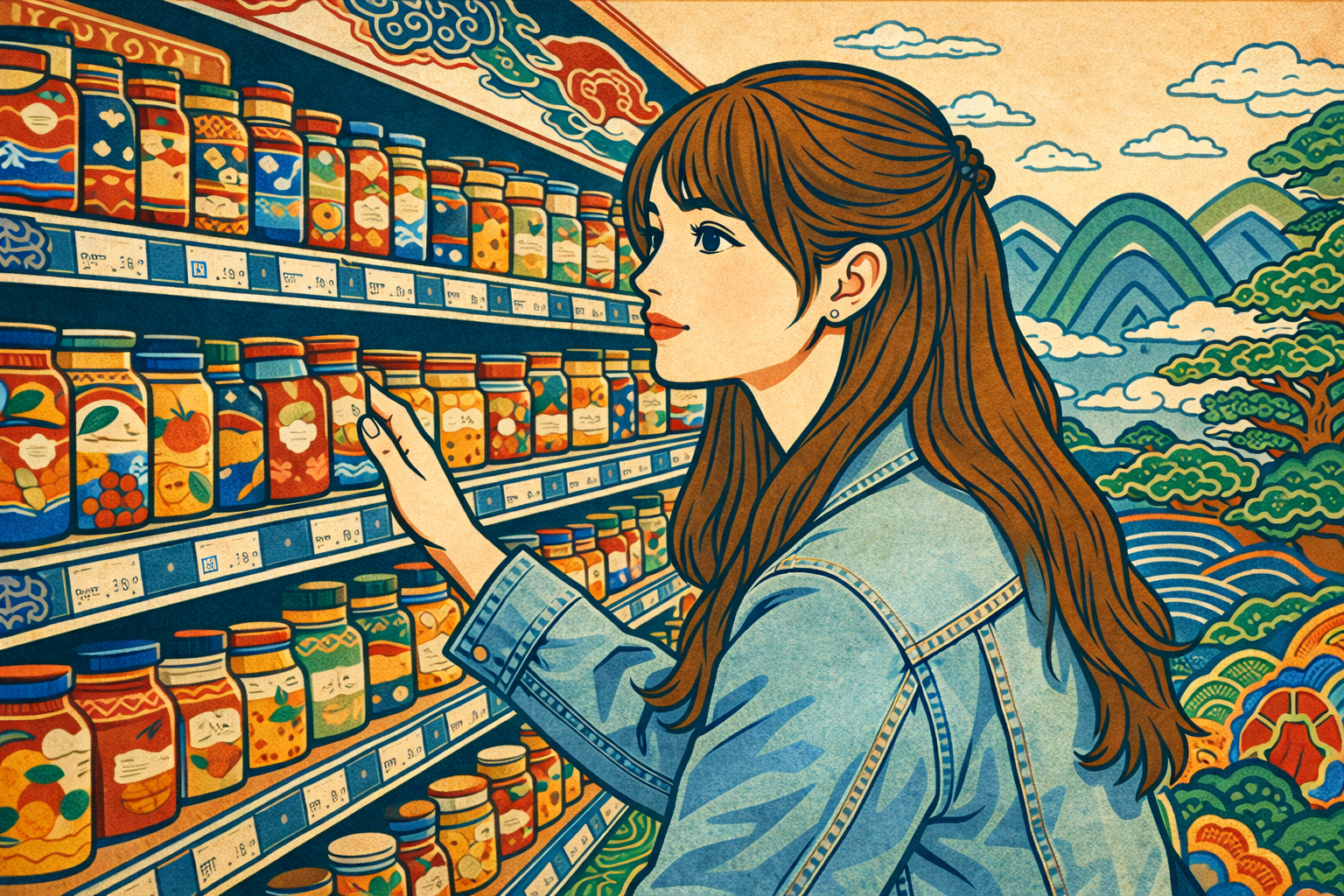 same feeling every month Korean minhwa style woman grocery store shelf folk art