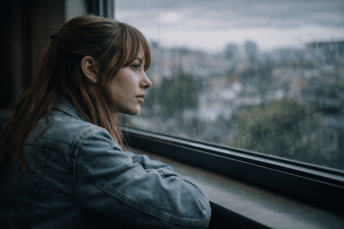 same feeling every month — woman by rainy window, end of month anxiety, cinematic