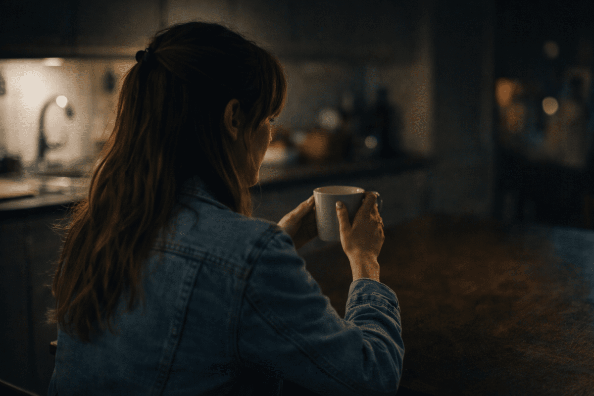 same feeling every month woman sitting alone dark kitchen holding coffee mug cinematic