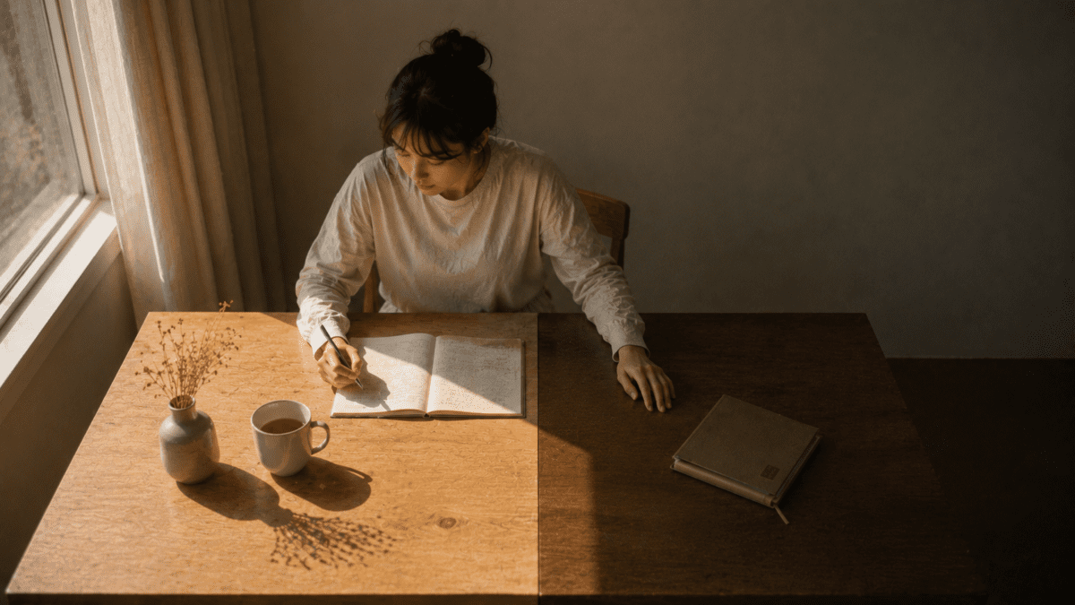 Desk split between bright sunlight and shadow, one woman writing in the lit side, showing same MBTI type different results