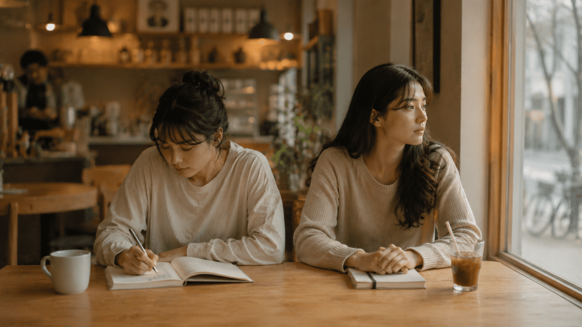 Two women with the same MBTI type sitting side by side, one writing focused and one looking out distracted, illustrating same MBTI type different results