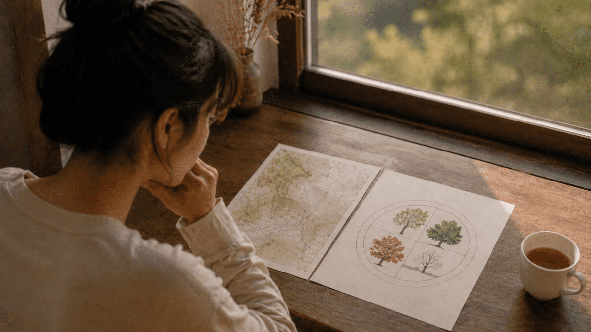 Woman comparing a topographic map and a four-season wheel diagram, reflecting on K-Saju cycles behind same MBTI type different results