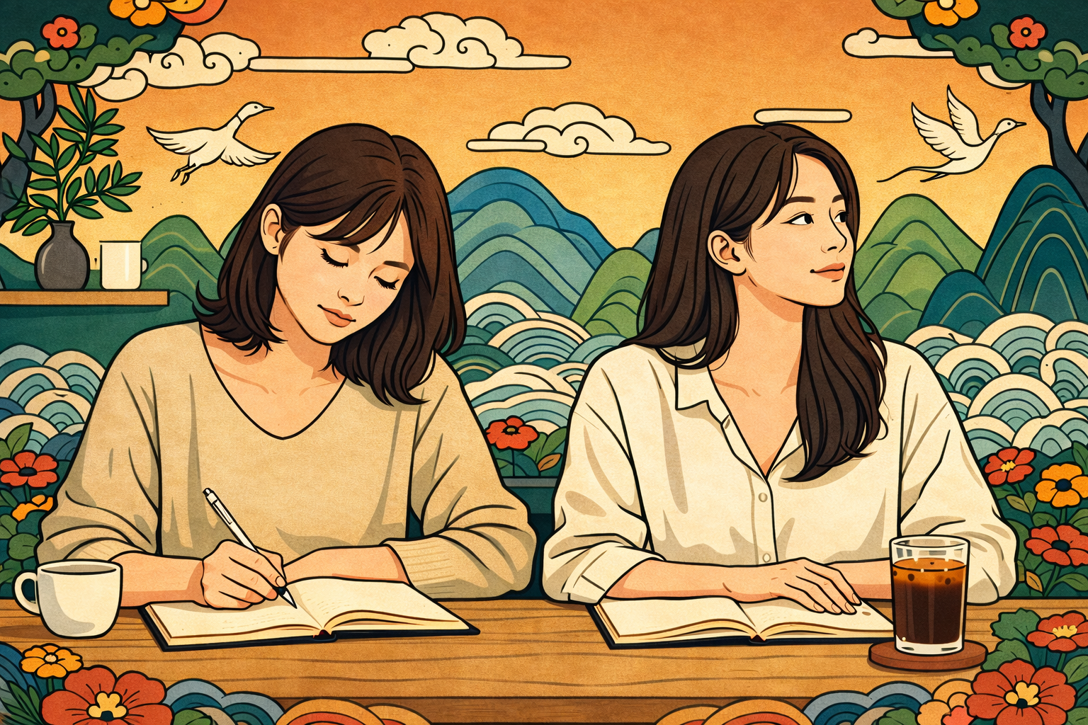same MBTI type different results — Korean minhwa style illustration of two women with notebooks