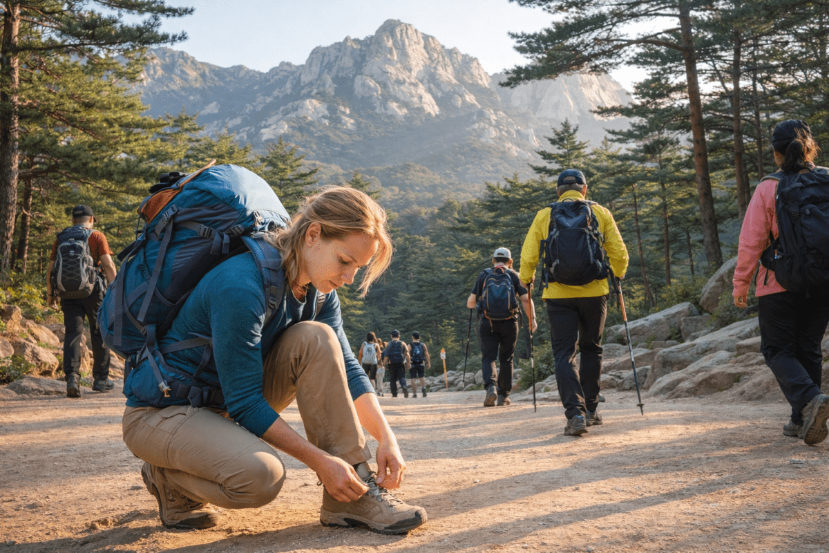hiking in Seoul — foreign hiker tying boots at mountain trailhead