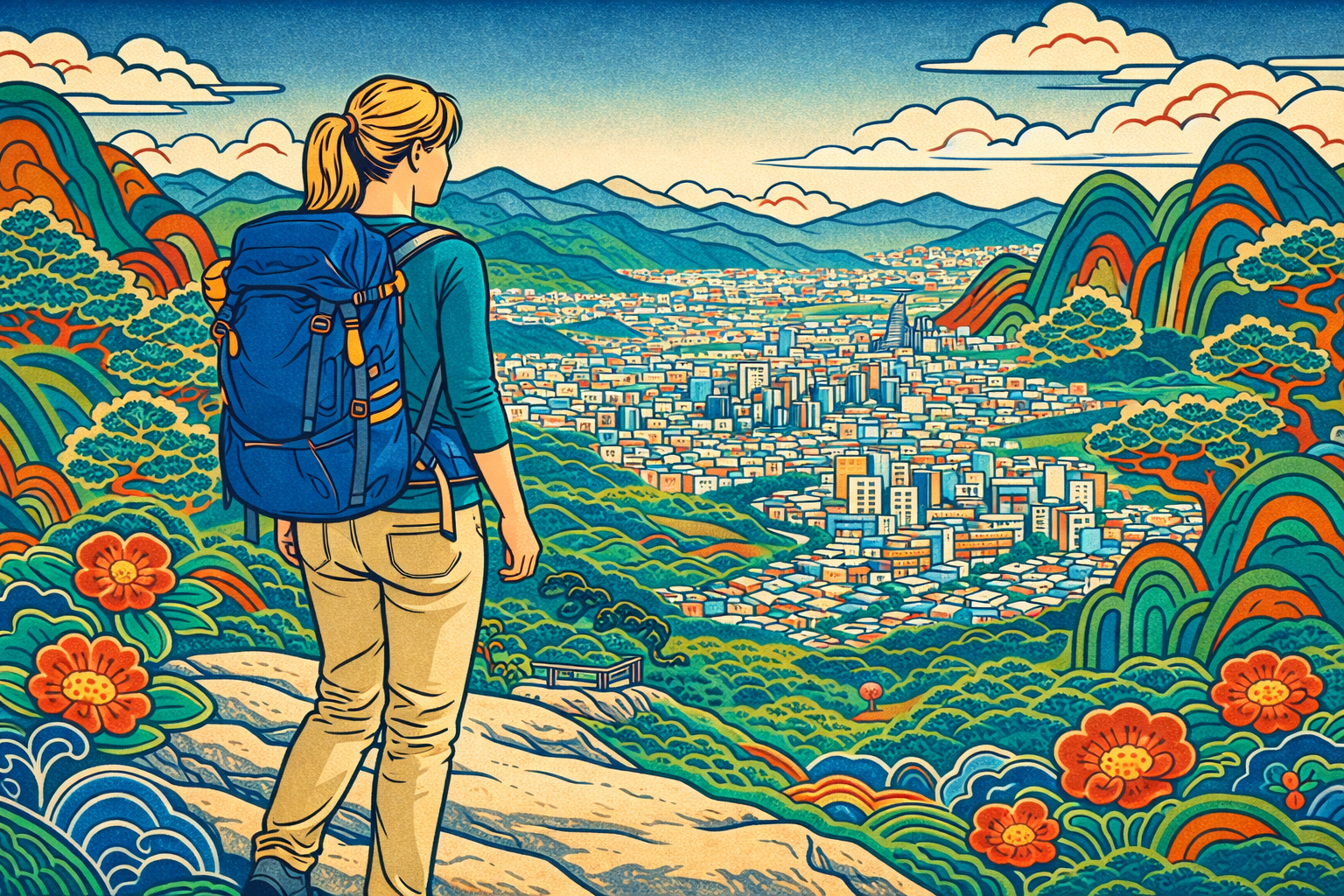 foreign hiker overlooking Seoul city from mountain summit — hiking in Seoul Korean minhwa style